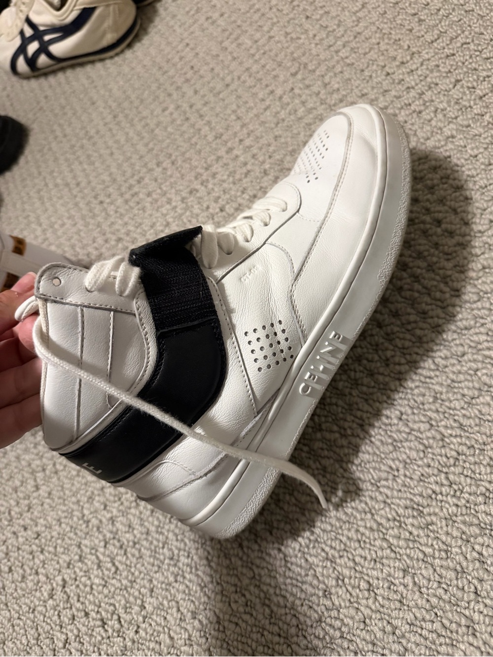 Celine White Leather High-Top Sneakers with Black Logo Strap - Picture 3 of 3